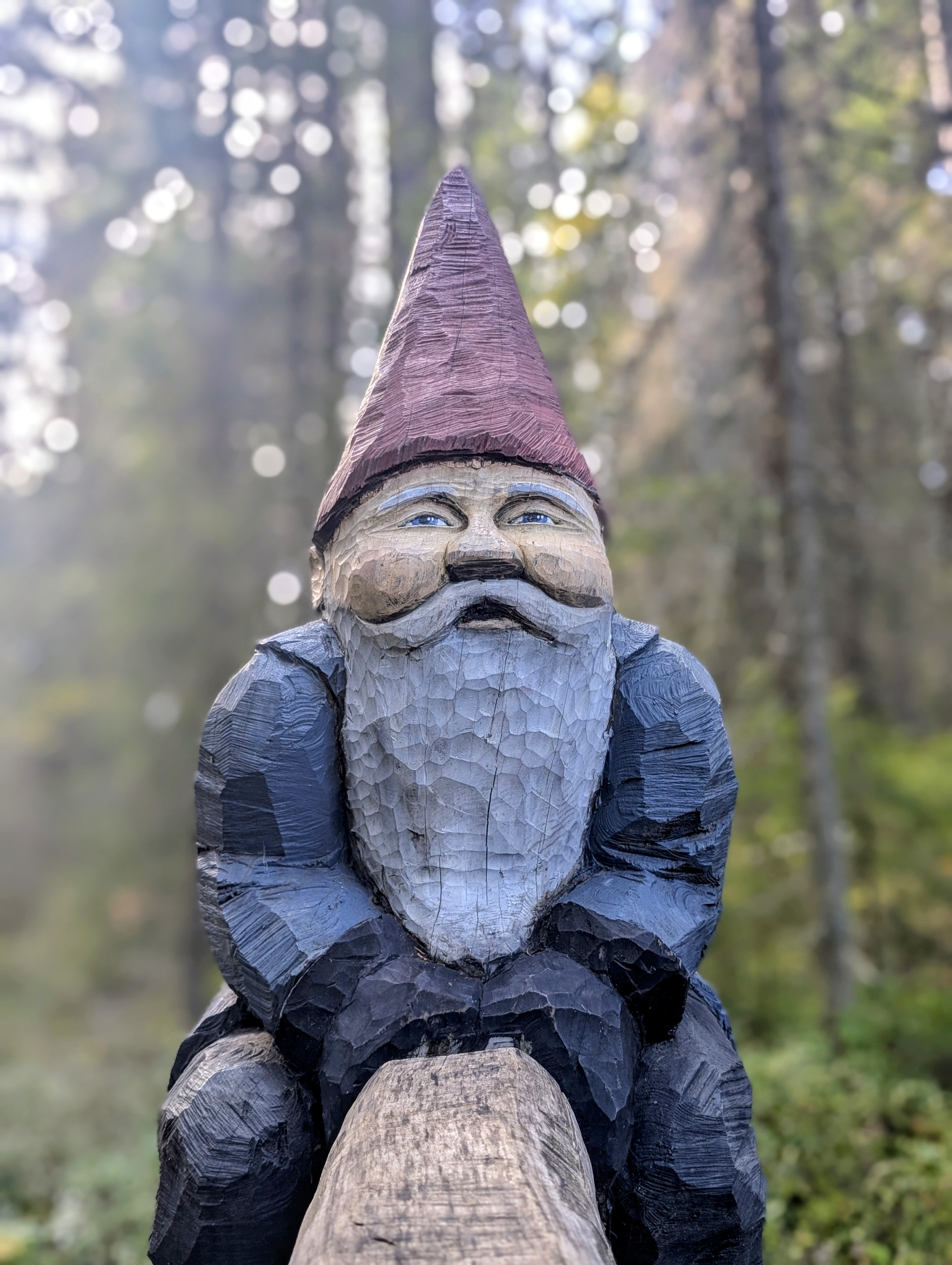 Träsnidad tomte med röd luva och långt skägg bland träden i Sagogläntan.
