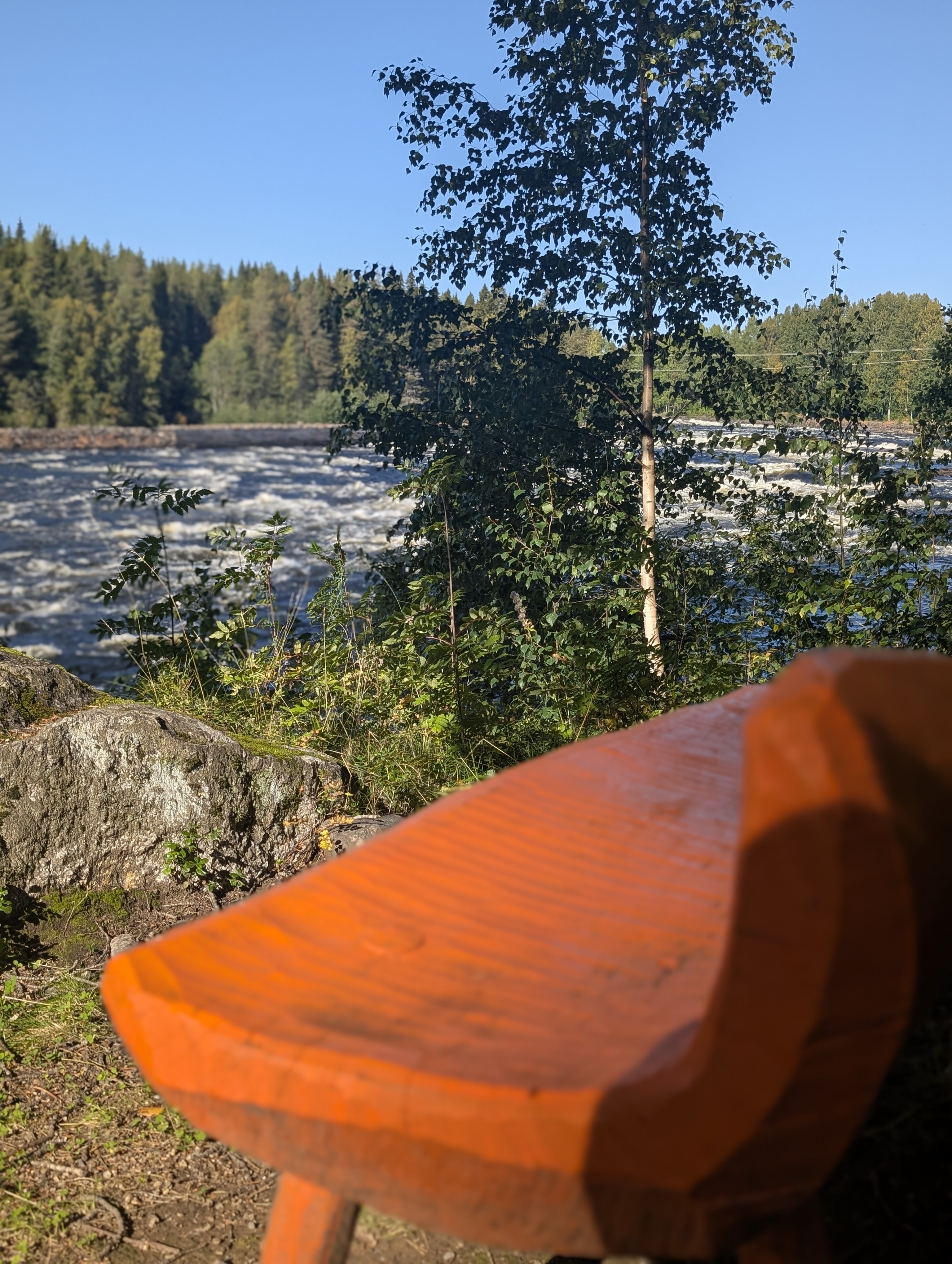 Orange träsnidad sittplats med Vindelälven och skog i bakgrunden.